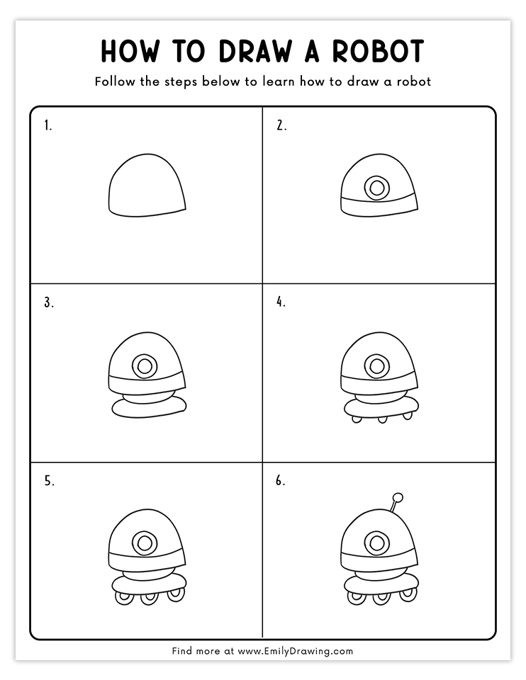 Step-by-step guide to draw a robot with wheels and an antenna.