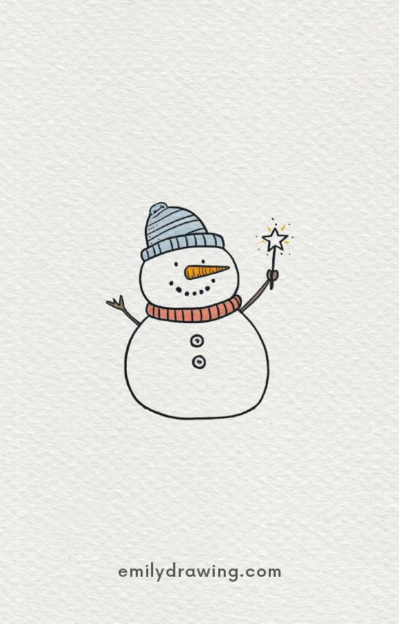 snowman holds a sparkling star - Easy Cute Snowman Drawing Ideas for kids