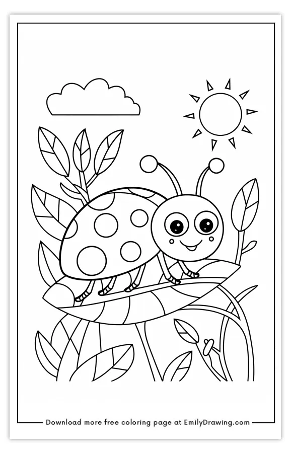Coloring page featuring a cute ladybug with big eyes on a leaf, surrounded by a sun and clouds.