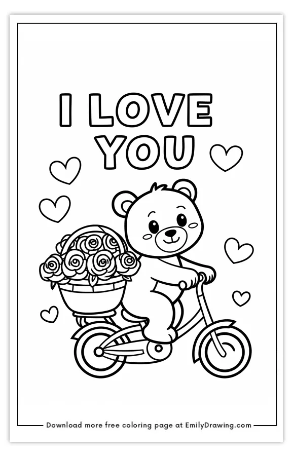 A cute bear riding a bicycle with a basket of flowers and the words 'I Love You' along with hearts.