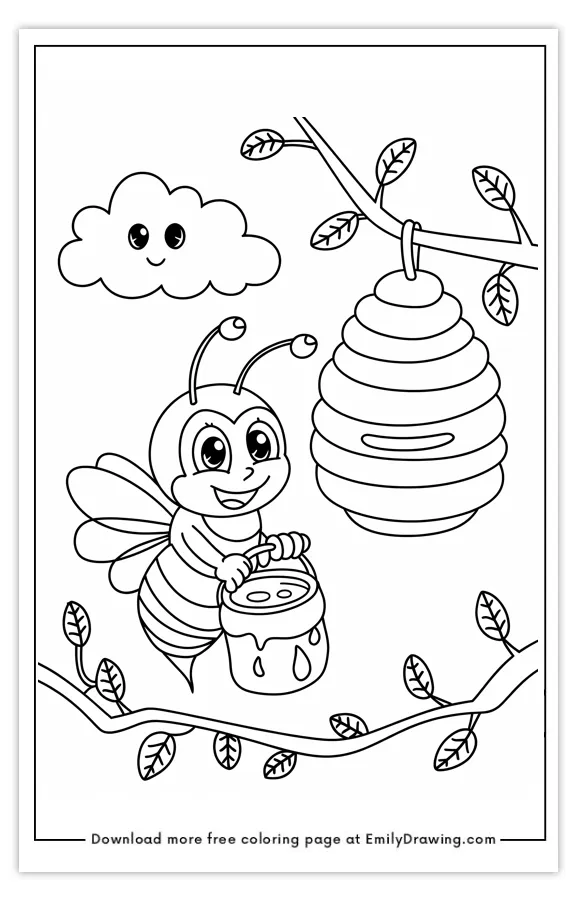 Cute bee carrying a honey jar near a beehive with a smiling cloud overhead.