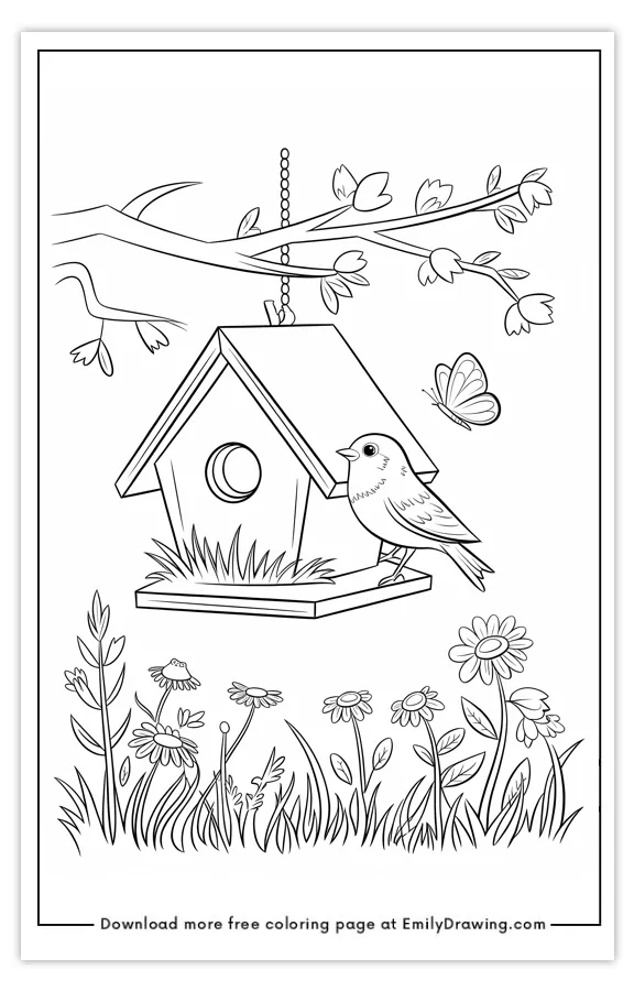 Coloring page featuring a birdhouse on a branch with a perched bird, butterfly flying, and flowers below.