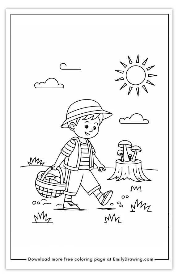 A coloring page featuring a boy with a basket, walking outdoors with a sunny sky and mushrooms off a tree stump.