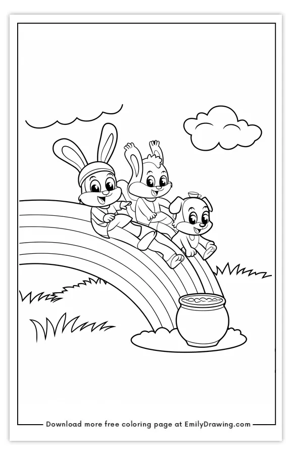 Three cheerful animals, two bunnies and a puppy, sitting on a rainbow with a pot at the bottom.