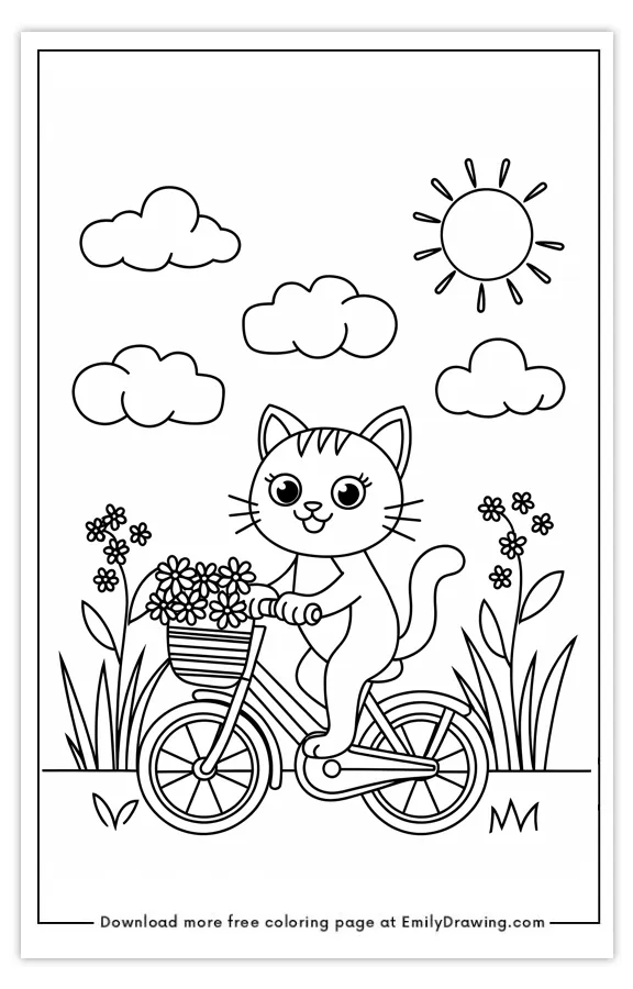 A cute cat riding a bicycle with a basket of flowers, surrounded by clouds, sun, and plants.