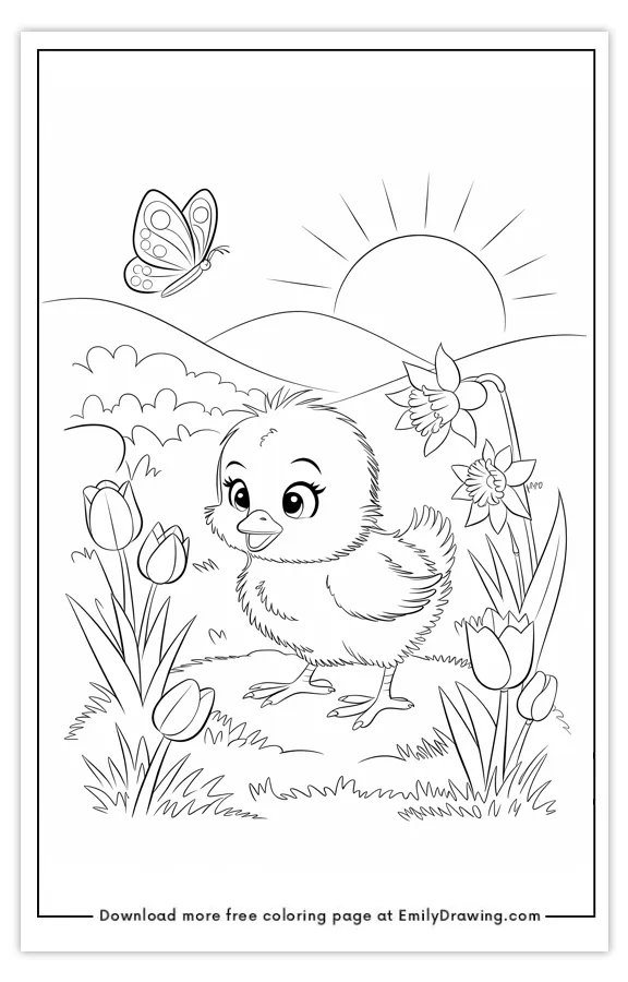 Coloring page featuring a cute chick with flowers and a butterfly under a sunrise.