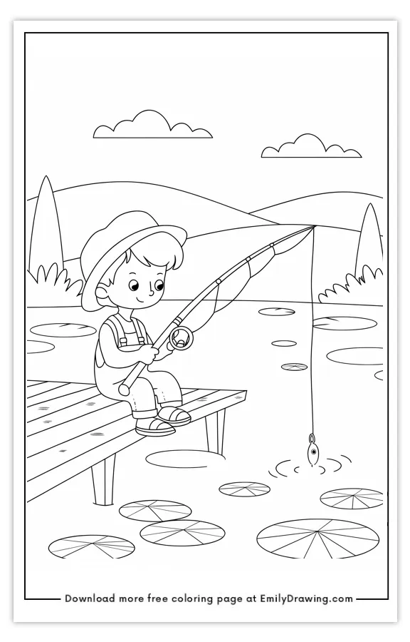 Coloring page of a child sitting on a dock, fishing in a pond with hills and trees in the background.