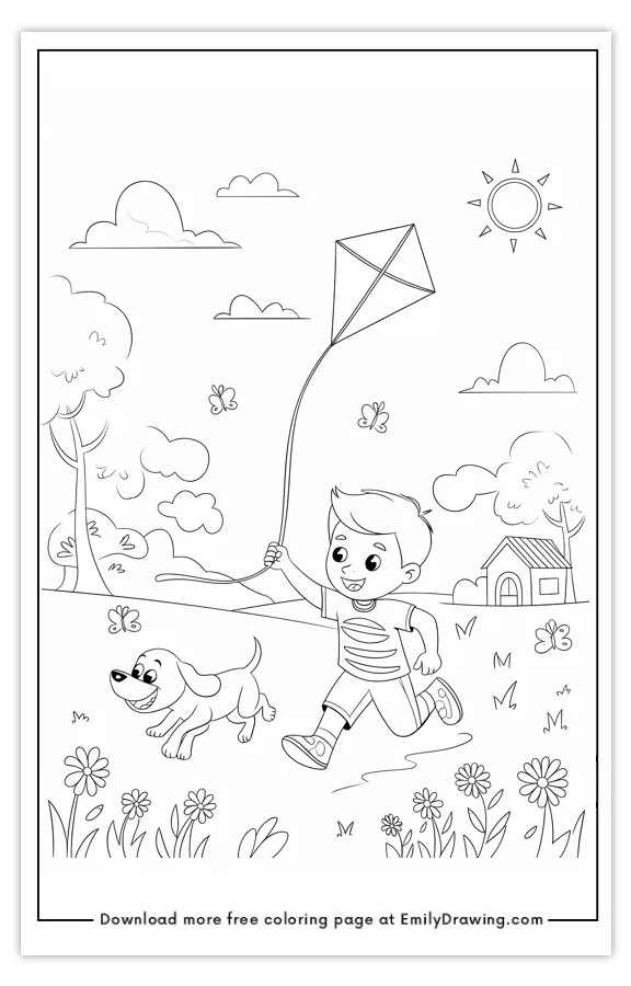 A coloring page featuring a child running with a kite and a dog in a sunny field.