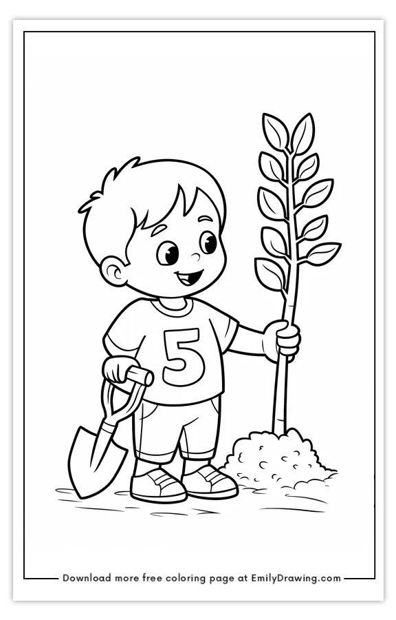 A coloring page depicting a child holding a young tree with a shovel in hand, ready to plant.