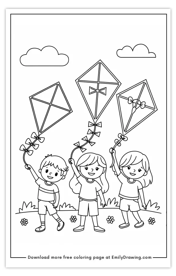 Three children holding and flying kites in a field with clouds.