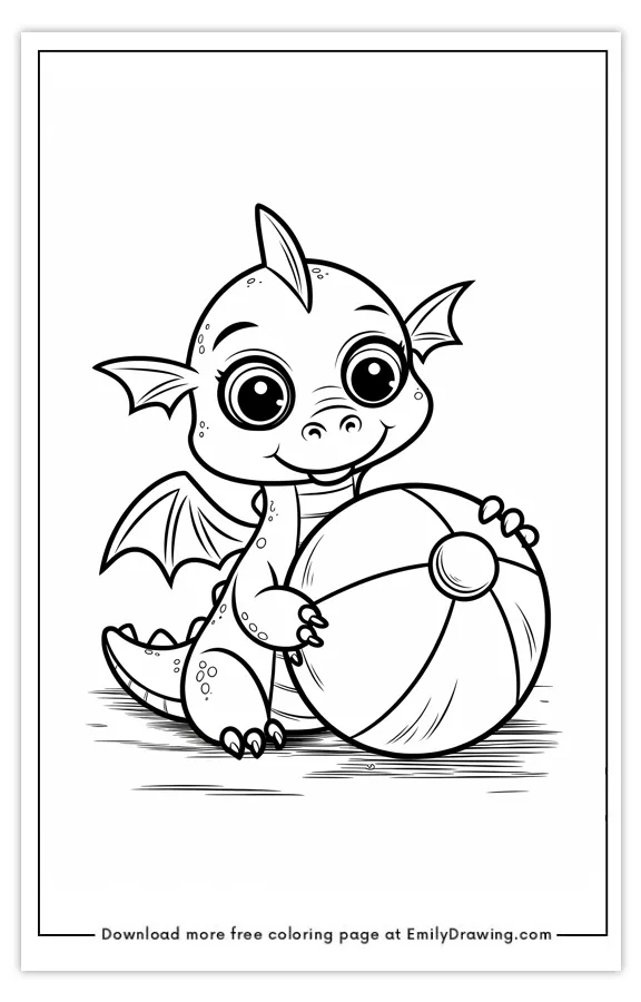A coloring page featuring a cute baby dragon holding a beach ball.