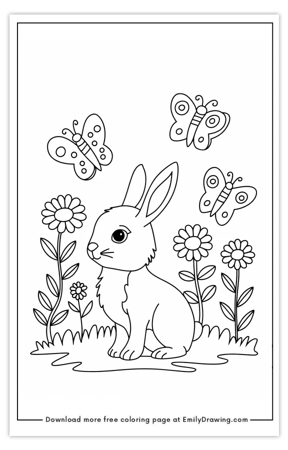 A cute bunny surrounded by flowers and butterflies on a coloring page.