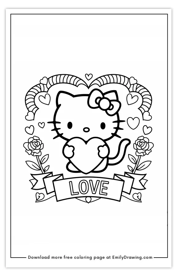 A coloring page featuring a cute cat holding a heart with decorative elements and the word 'LOVE'.