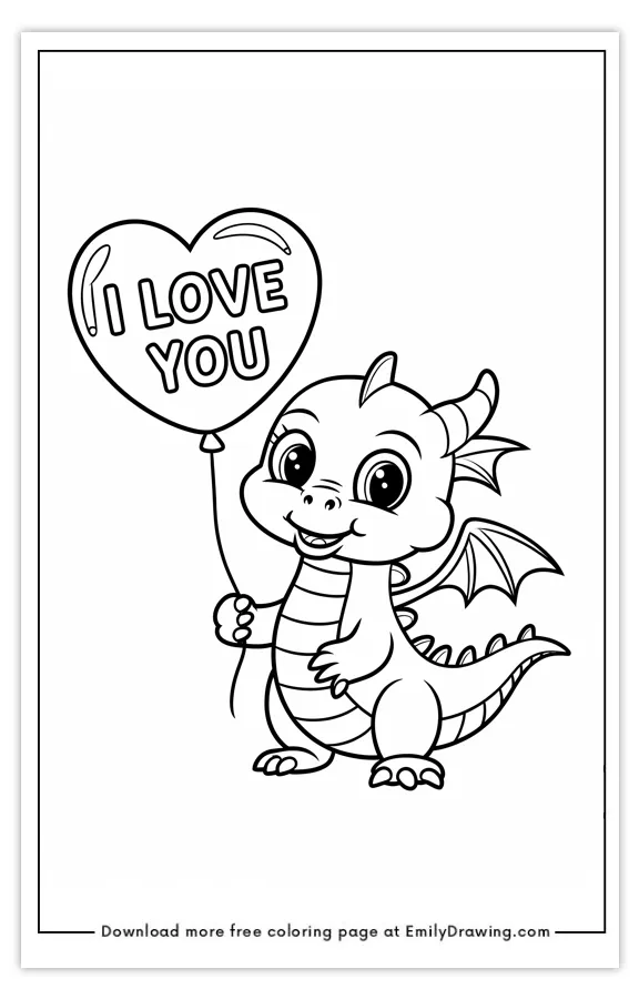 A happy cartoon dragon holding a heart-shaped balloon with 'I Love You' written on it.