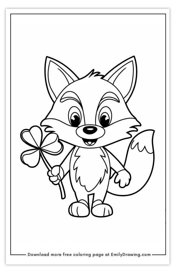 A cute cartoon fox holding a clover, designed as a coloring page.