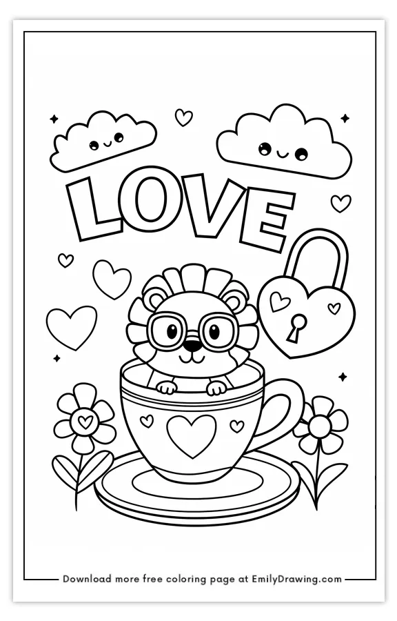 A cute lion wearing glasses sitting inside a teacup with the word 'LOVE', surrounded by hearts, flowers, clouds, and a heart-shaped lock.