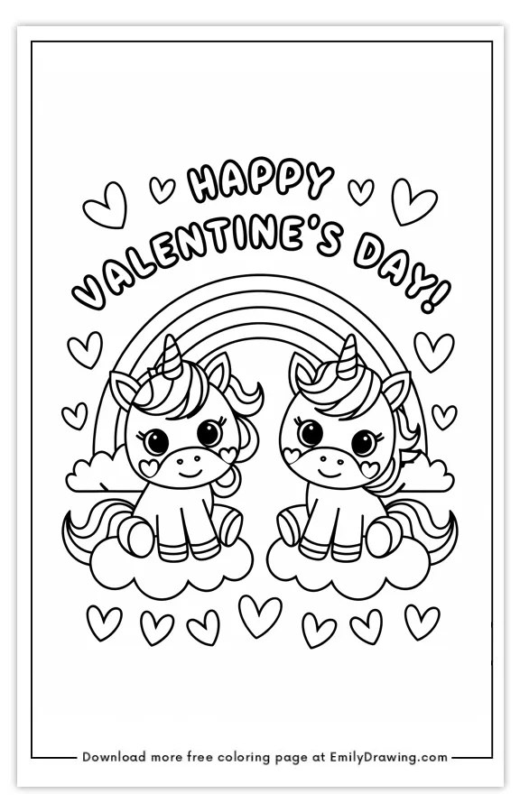 Two adorable unicorns sitting on clouds with a rainbow, surrounded by hearts, and text saying 'Happy Valentine's Day'