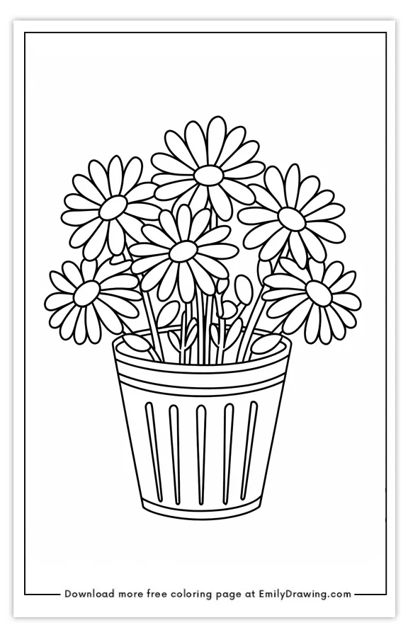 Coloring page featuring a pot of daisy flowers with multiple blooms.