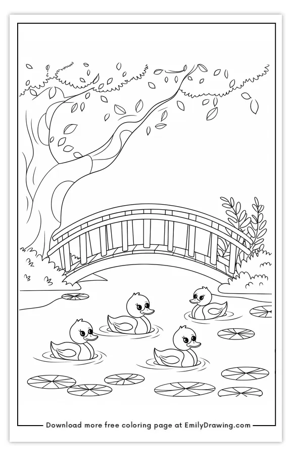Coloring page with ducklings swimming under a wooden bridge surrounded by lily pads and a tree.