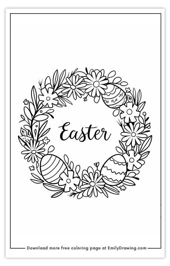 Coloring page featuring a floral wreath with Easter eggs and flowers.