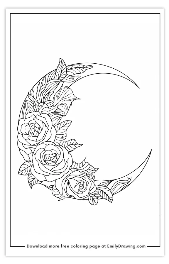 Coloring page featuring an intricate crescent moon adorned with roses and leaves.