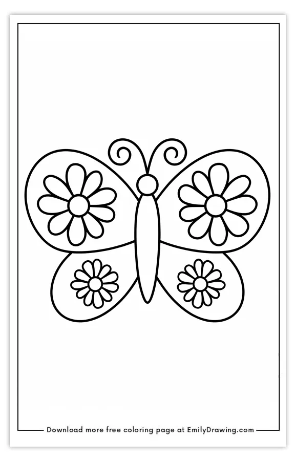 A butterfly coloring page featuring large wings with flower designs.