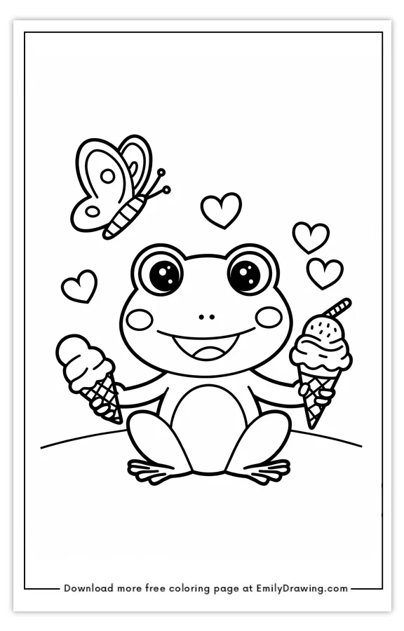 A cheerful frog holding two ice cream cones with a butterfly and hearts above.