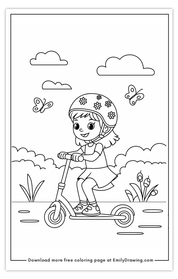 A girl wearing a helmet riding a scooter through a park with butterflies and clouds.