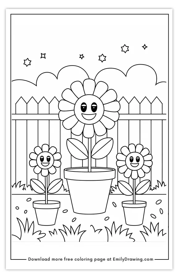 A coloring page featuring three smiling flowers in pots with a background of a fence, stars, and clouds.