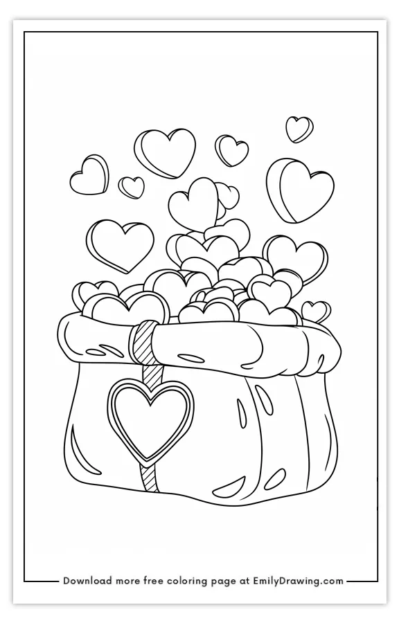 A coloring page featuring a gift box filled with hearts and heart shapes floating above.