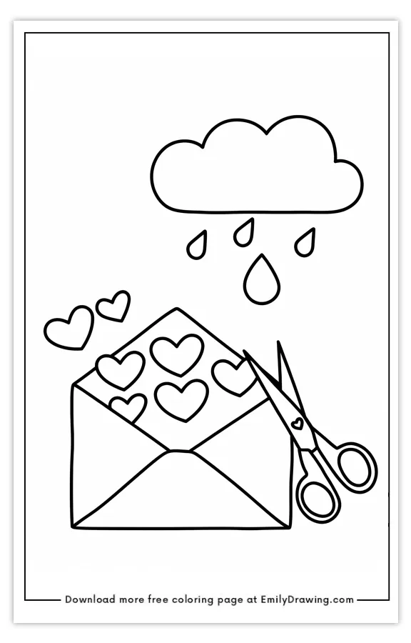 A coloring page featuring an envelope filled with hearts, scissors, and a rain cloud with drops.
