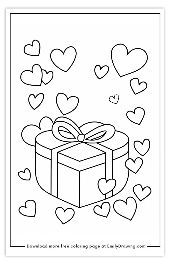 Coloring page of a gift box with a bow surrounded by hearts.