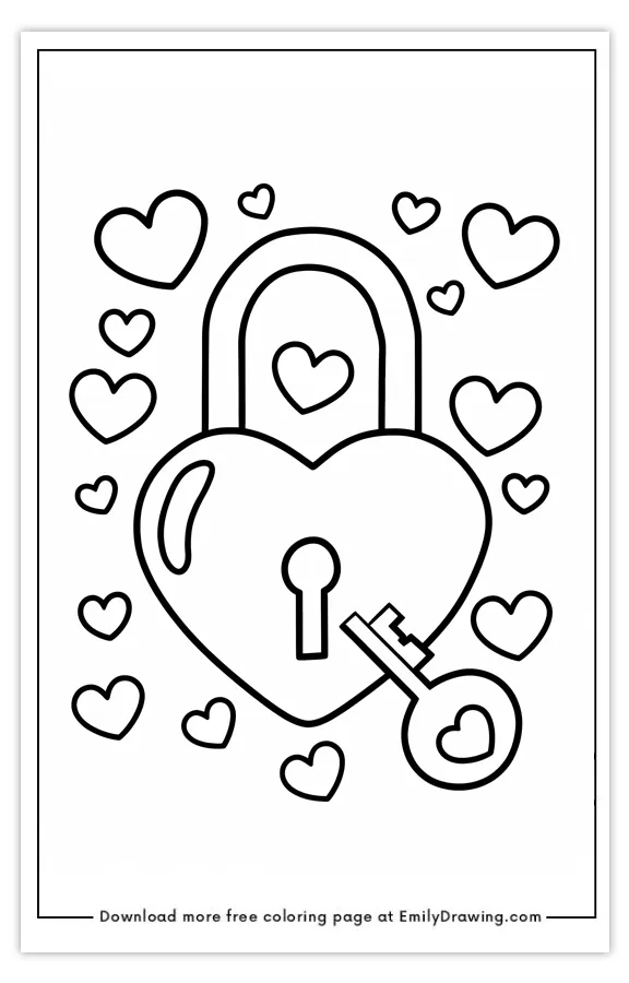 Coloring page featuring a heart-shaped lock surrounded by hearts and a key.