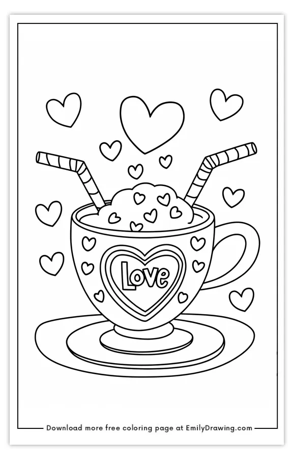 Coloring page featuring a cup with the word 'Love', surrounded by hearts and straws.