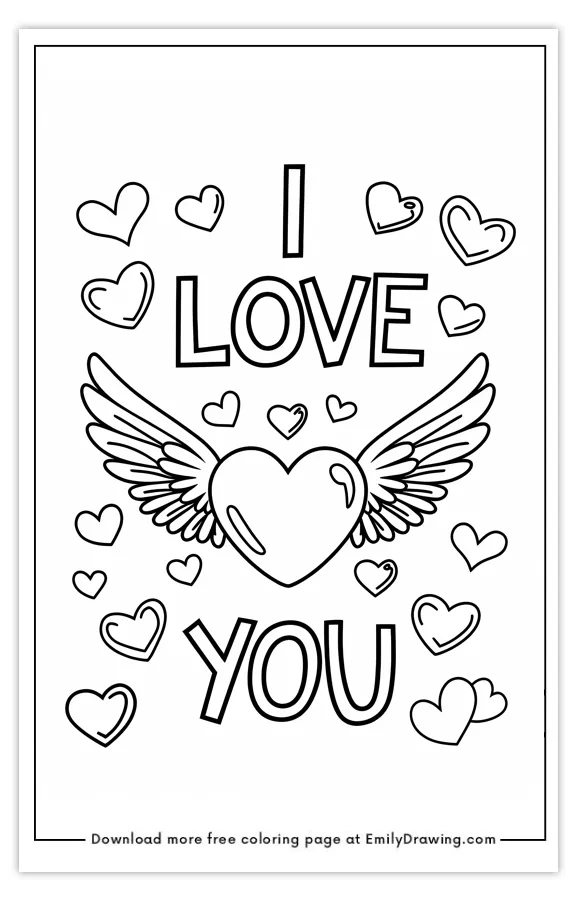 Coloring page featuring a heart with wings surrounded by smaller hearts and the words 'I Love You'.