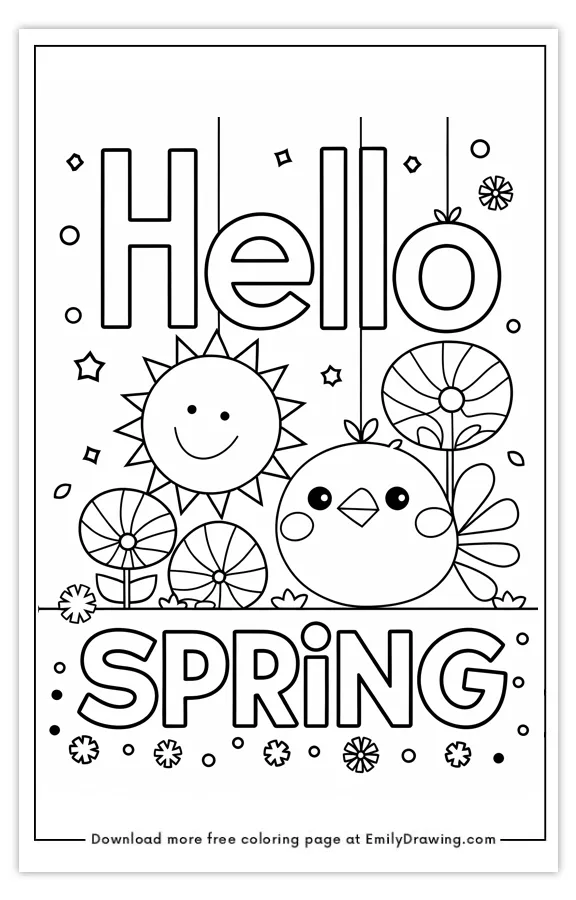 Coloring page featuring a cheerful sun, a cute bird, flowers, and the text 'Hello Spring'.