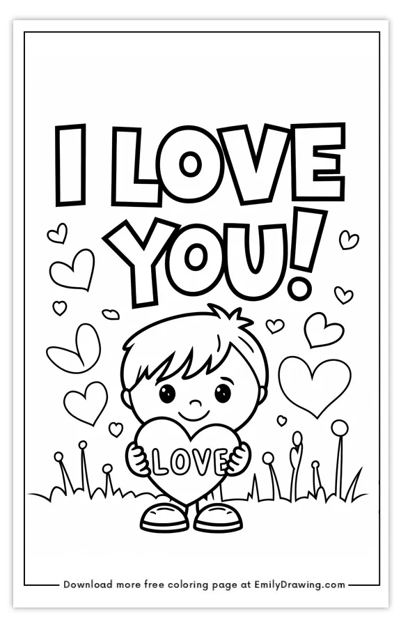 Coloring page featuring a child holding a heart with 'LOVE' surrounded by hearts and 'I LOVE YOU!' text.