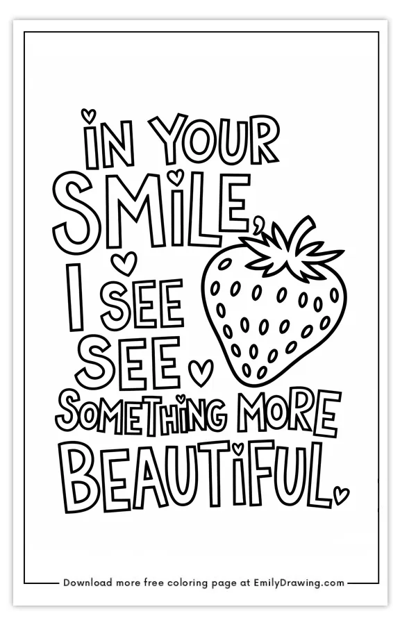 Coloring page featuring an inspirational quote with a strawberry illustration.