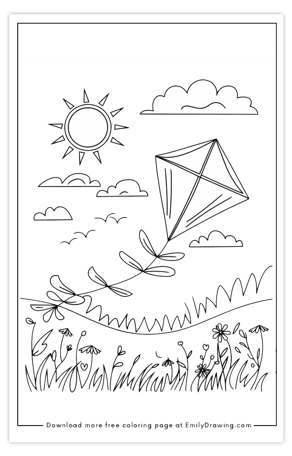 Coloring page featuring a kite flying in a field with the sun and clouds.