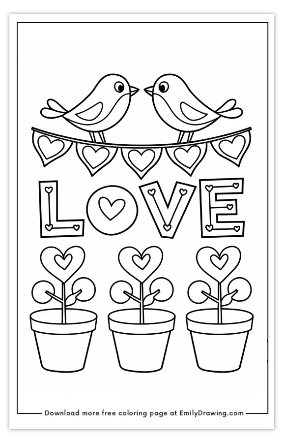 Coloring page featuring two birds perched on a line with hanging heart decorations, the word 'LOVE', and three heart-shaped plants in pots.