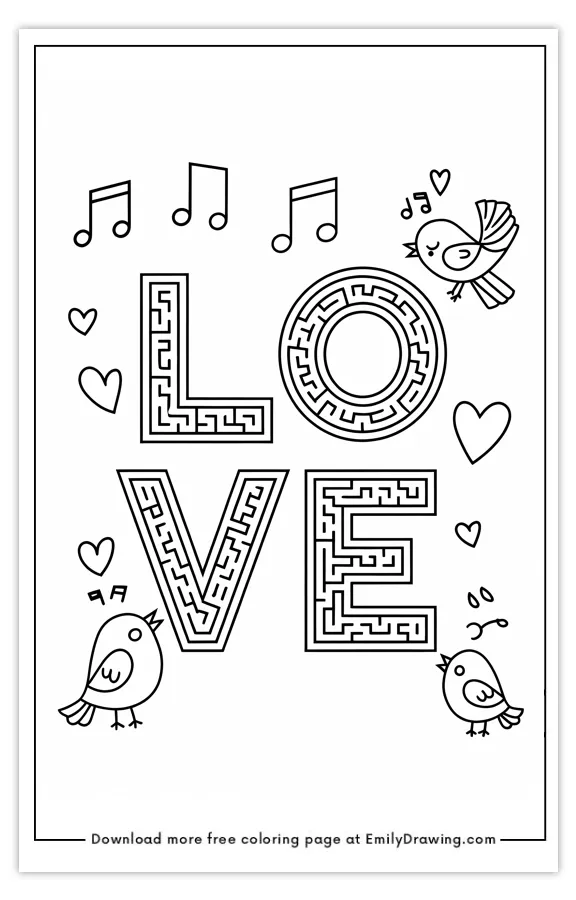 Coloring page featuring the word 'LOVE' with birds, hearts, and music notes.