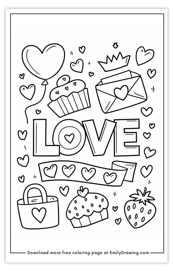 Coloring page featuring love-themed elements like hearts, cupcakes, a letter, and the word 'LOVE'.