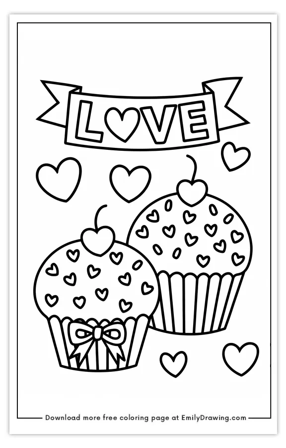 Coloring page featuring two cupcakes with heart designs, a banner with the word love, and additional heart illustrations.