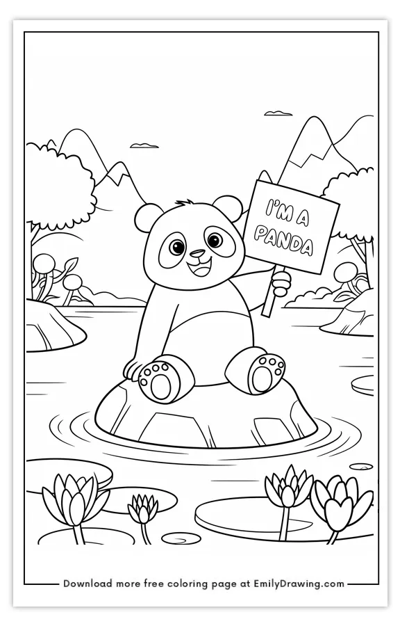 A cute panda sitting on a rock holding a sign that says 'I'm a Panda,' surrounded by a serene nature setting with mountains and lotus flowers.