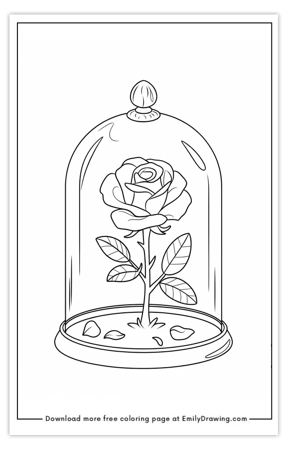 A coloring page featuring a single rose enclosed in a glass dome with petals on the ground.