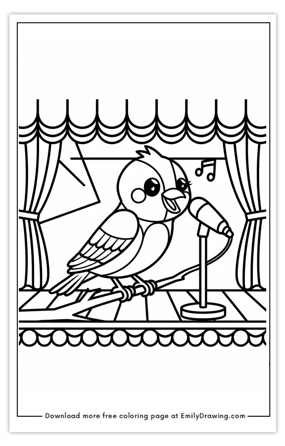 A cute bird singing into a microphone on stage with curtains.