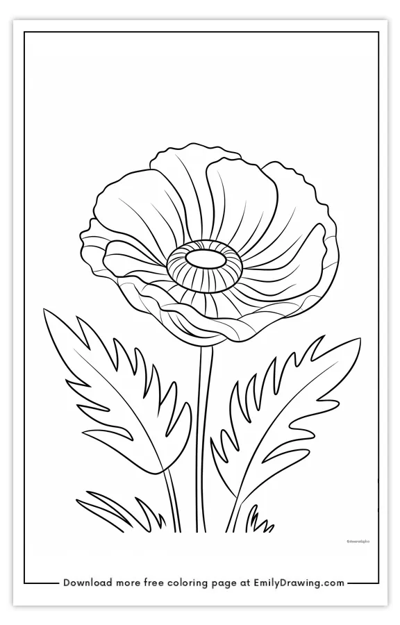 Coloring page featuring a single large flower with intricate petal details and two leaves.