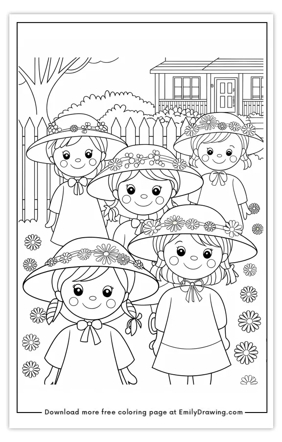 Group of smiling girls wearing hats with flowers in a garden, standing in front of a house.