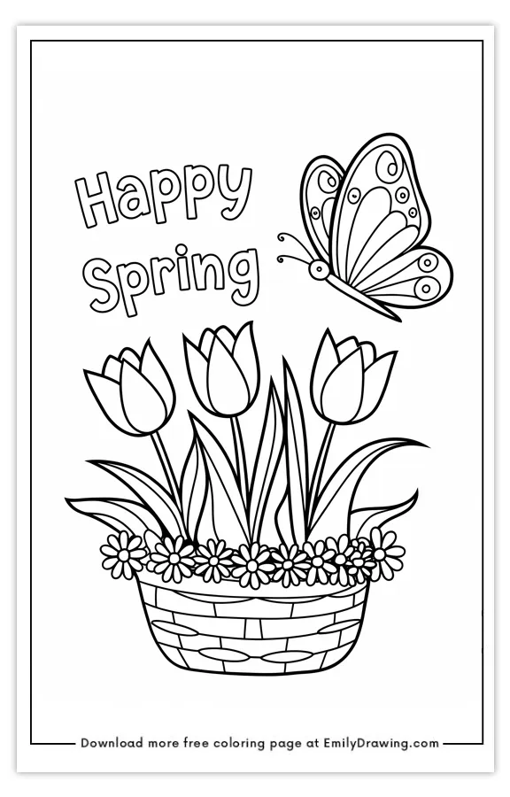 Coloring page featuring a basket of tulips with daisies and a butterfly, captioned 'Happy Spring'.