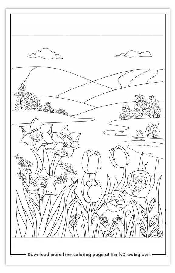 Coloring page featuring daffodils, tulips, and roses in front of rolling hills and clouds.